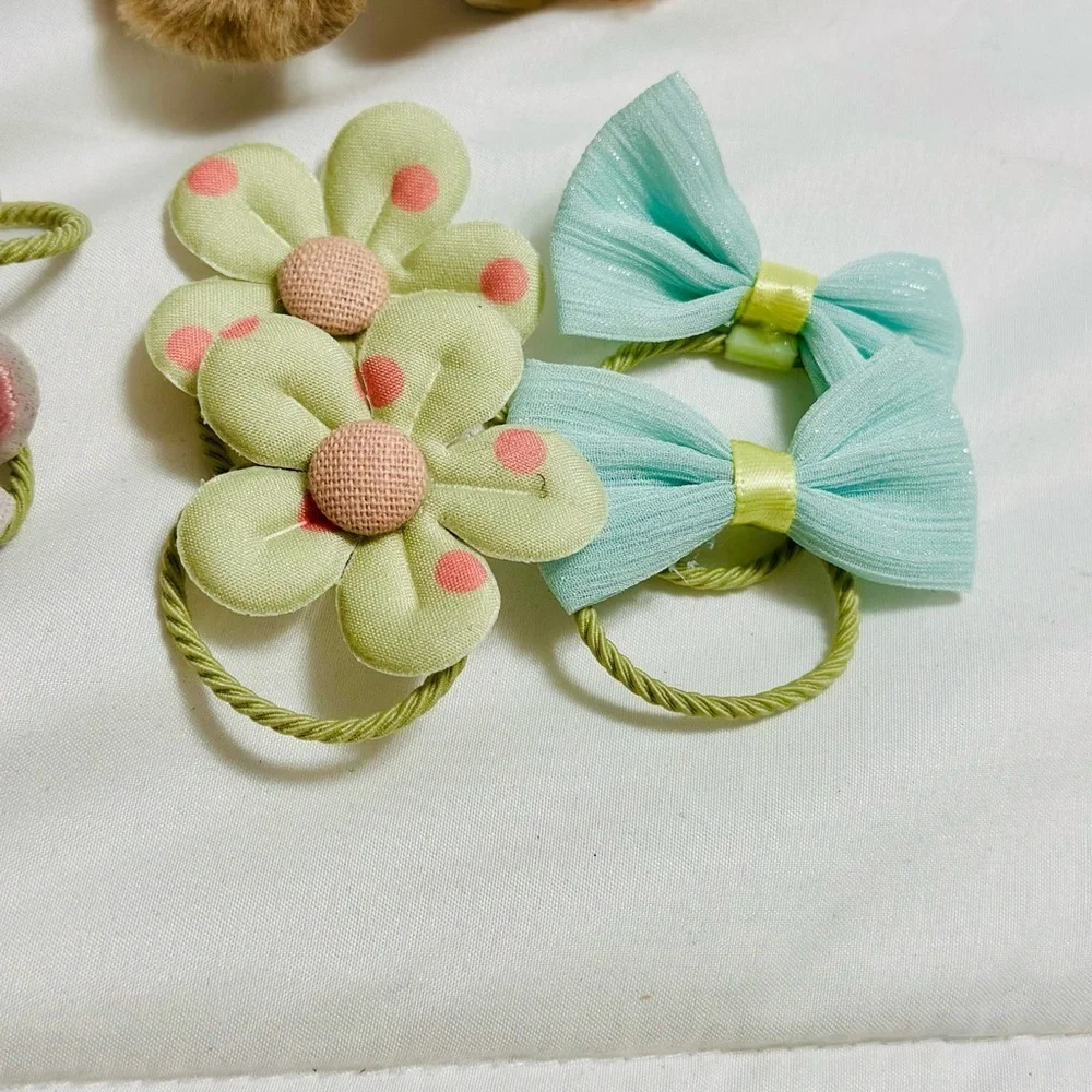 Kids Hair Accessories Set - Pastel and Neutral Tones Bear and garden theme
